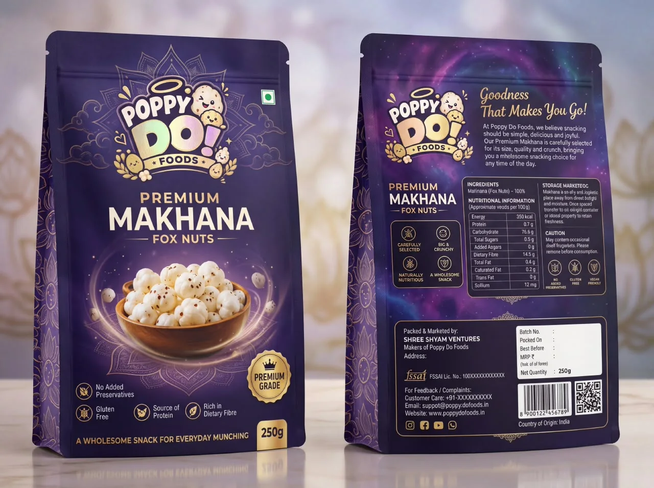 Poppy Do Foods Premium Makhana pouch, front and back